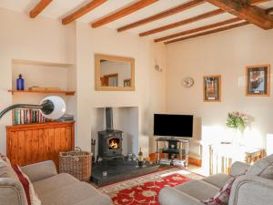 a living room with a fireplace and a tv at Lees Cottage in Bradwell