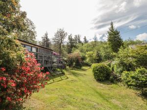 TanygrisiauにあるBron Olauの花の庭園を走る列車