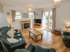 a living room with a couch and a fireplace at Tyn Y Giat in Gaerwen