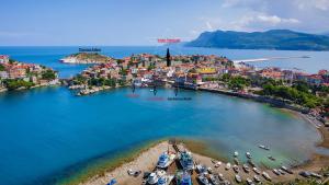 an aerial view of a small island in the water at Yıldız Pansiyon in Amasra