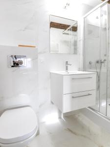 biała łazienka z toaletą i umywalką w obiekcie Willa Ważka w Zielonej Górze