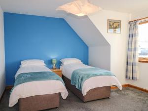 two beds in a room with a blue wall at Corriemhor Beag in Cromdale