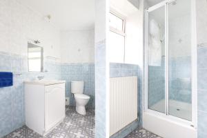 a bathroom with a toilet and a shower at The Coach House in Trevilley +15 photos