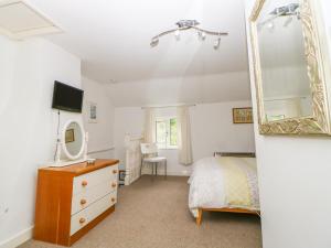 a bedroom with a bed and a mirror at Broom Cottage in East Rudham