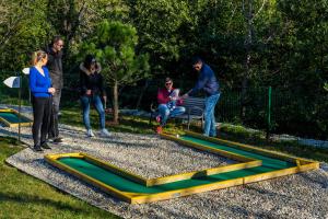 un grupo de personas de pie alrededor de un parque de juegos en Villa AltaVista - Seaview & Relax with Heated Pool & MiniGolf en Opatija