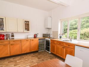 a kitchen with wooden cabinets and a large window at Gardener's Cottage in Llandrindod Wells