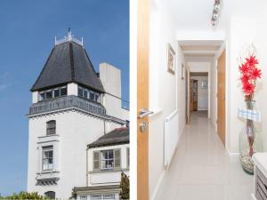 two images of a building with a tower at The Moorings in Conwy