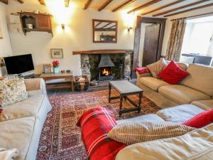 a living room with two couches and a fireplace at Mill Cottage in Staveley