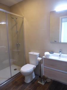 a bathroom with a toilet and a shower and a sink at NORASUITES32 in La Laguna