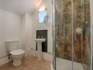 a bathroom with a shower and a toilet and a sink at Salty Cottage in Morwenstow +24 photos