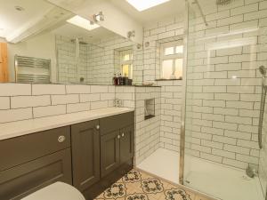 a bathroom with a shower and a toilet and a sink at Cousham Cottage in Cawsand +17 photos
