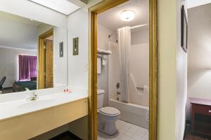 a bathroom with a sink and a toilet and a mirror at Econo Lodge - Conyers in Conyers