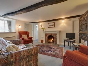 a living room with a fireplace and a tv at Lew Quarry Cottage in Lewdown