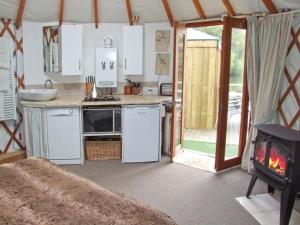 a kitchen with a stove and a sink and a fireplace at The Lakeside Yurt in Tewkesbury
