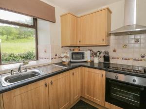 a kitchen with a sink and a microwave at Penrhyddion Ucha in Capel Garmon