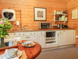 StithiansにあるPond Cabinの白いキャビネットと木製の壁が備わるキッチン