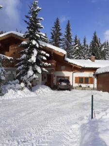 a house with a car parked in the snow at Landhaus-Königsberg, Vorberg 360 in Ramsau am Dachstein