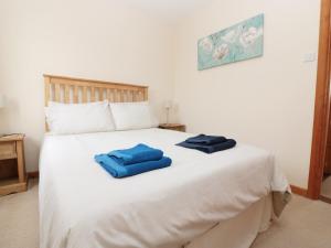 twee blauwe handdoeken bovenop een wit bed bij Cabin in Budock Water