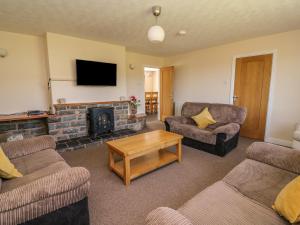 a living room with two couches and a fireplace at Glanyrafon Bungalow in Rhayader