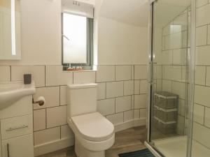 ein Badezimmer mit Toilette und Glasdusche in der Unterkunft Harbour View Retreat in Brixham + 10 Fotos