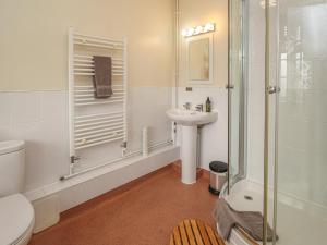 a bathroom with a toilet sink and a shower at Knights Cottage in Maidstone +21 photos