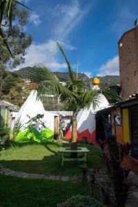 a palm tree in a yard with a tent at Ulucaho Hostel in Bogotá