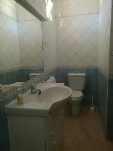 une salle de bains avec lavabo, toilettes et miroir dans l'établissement Quinta Das Amendoas, à Carvoeiro 32 autres photos