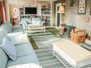 a living room with blue furniture and a fireplace at Lane House in Bishops Castle