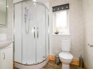 a bathroom with a shower and a toilet at Lodge Two in Truro