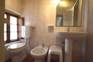 uma casa de banho com um lavatório, um WC e um espelho. em LA LOGGETTA em Campiglia Marittima