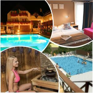 a collage of photos of a woman in a pool at ALFA Hotel & Wellness Miskolctapolca in Miskolctapolca