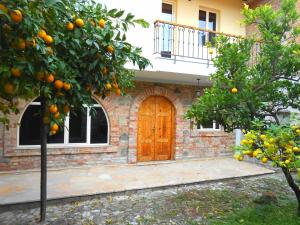 an orange tree in front of a house with a wooden door at CastleHouse in Elbasan