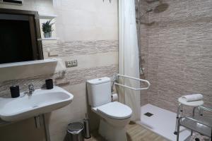 La salle de bains est pourvue de toilettes, d'un lavabo et d'une douche. dans l'établissement MIRADOR DE LAS VILLUERCAS, à Guadalupe