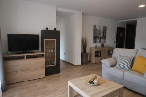 a living room with a couch and a flat screen tv at MIRADOR DE LAS VILLUERCAS in Guadalupe