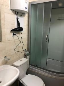 uma casa de banho com um WC, um lavatório e um chuveiro em Апартаменты Дворец Украины с круглой кроватью em Kiev