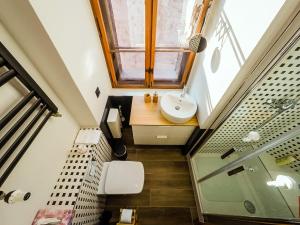 uma casa de banho com um lavatório, um WC e uma janela. em Apartamenty w Wieży em Świdnica