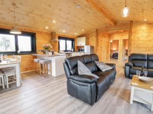 a living room with a couch and a kitchen at Bryn Eiddon Log Cabin in Machynlleth