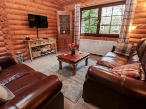 a living room with leather furniture and a television in a log cabin at 23 Lakeside Drive in Morpeth