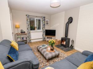 a living room with a blue couch and a fireplace at Allam Cottage in Barnard Castle