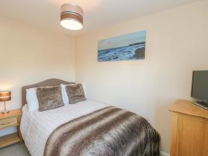 a bedroom with a bed and a television at 7 Malt House Court in Watchet
