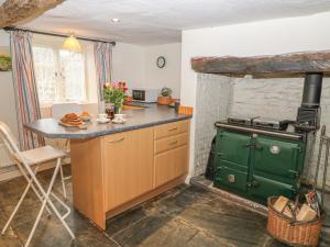 een keuken met een fornuis en een groene oven bij Turnpike Cottage in Bideford