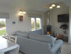 uma sala de estar com dois sofás e uma lareira em Clifftop Carriage em Aberporth