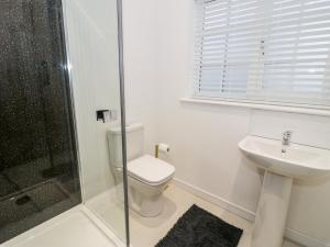a bathroom with a toilet and a shower and a sink at Pentowyn in Holyhead +27 photos