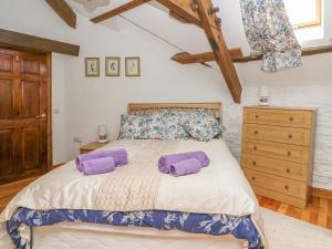 a bedroom with a bed with two purple pillows on it at Felin Iago in Aberystwyth