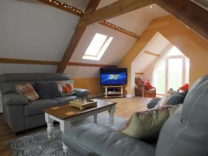 a living room with a couch and a tv at Pond Cottage in New Quay