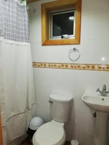 ein Bad mit einem WC, einem Waschbecken und einem Fenster in der Unterkunft Cabaña Vista al Lago in Llanquihue
