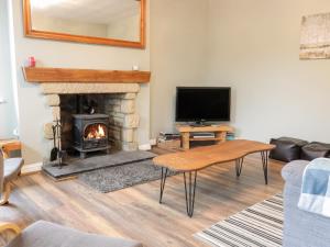 a living room with a fireplace and a television at Victoria Cottage in Berwick-Upon-Tweed