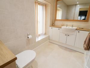 a bathroom with a sink and a toilet and a mirror at Grange Cottage in Crediton +23 photos