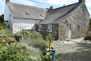 a stone cottage with a potted plant in front of it at The Farmhouse in Newport Pembrokeshire