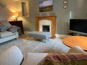 a living room with a fireplace and a tv at The Farmhouse in Newport Pembrokeshire